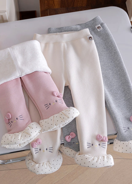 Girls Ribbed Tights with Ruffle Trim and Inner Warmer