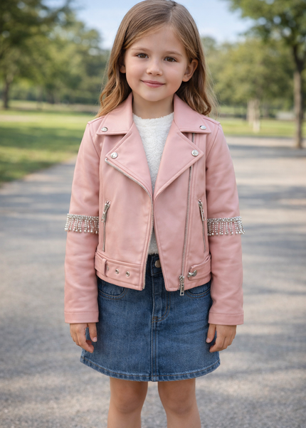 Girls Premium Leather Jacket with Crystal Fringe Detail - Pink