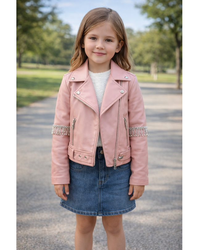 Girls Premium Leather Jacket with Crystal Fringe Detail - Pink