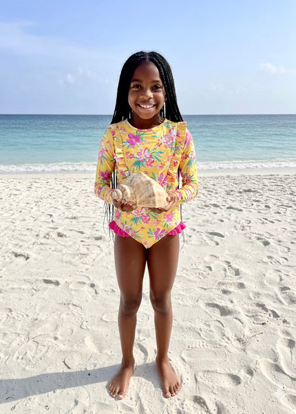 Girls Floral Swimming Costume - Pink & Yellow Rashguard Swimsuit