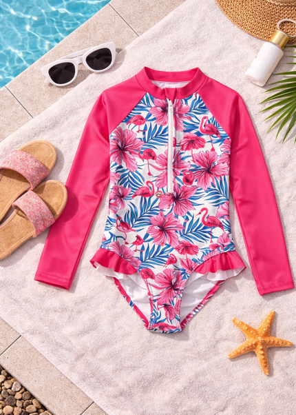 Tropical Floral Baby Girl Swimming Costume - Pink Flamingo