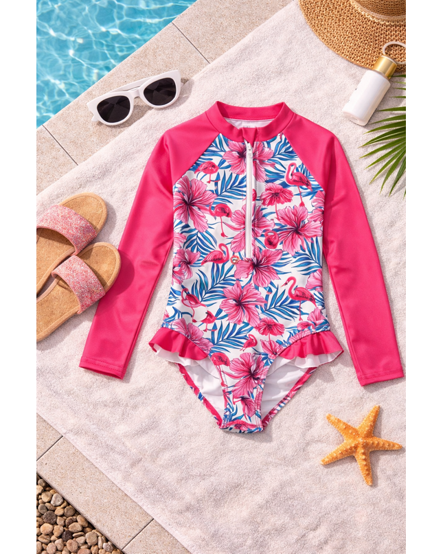 Tropical Floral Baby Girl Swimming Costume - Pink Flamingo