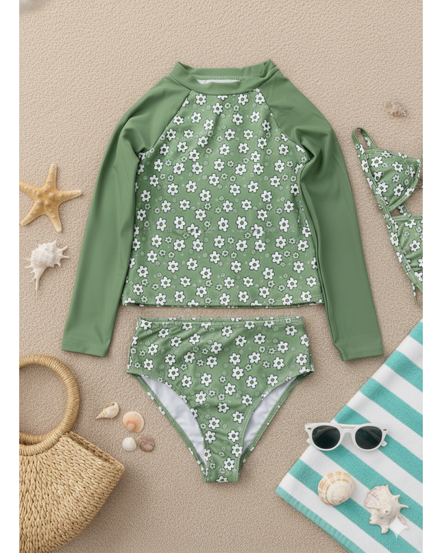 Girls Green Floral 3-in-1 Swimming Costume Set - Long Sleeve Rashguard with Top, Bra & Bottoms