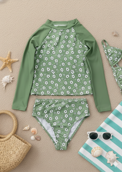 Girls Green Floral 3-in-1 Swimming Costume Set - Long Sleeve Rashguard with Top, Bra & Bottoms