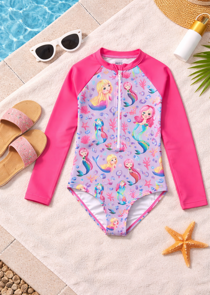 Girls Mermaid Long-Sleeve Swimming Costume - Pink & Purple Rashguard One-Piece Swimsuit