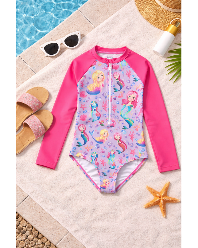 Girls Mermaid Long-Sleeve Swimming Costume - Pink & Purple Rashguard One-Piece Swimsuit