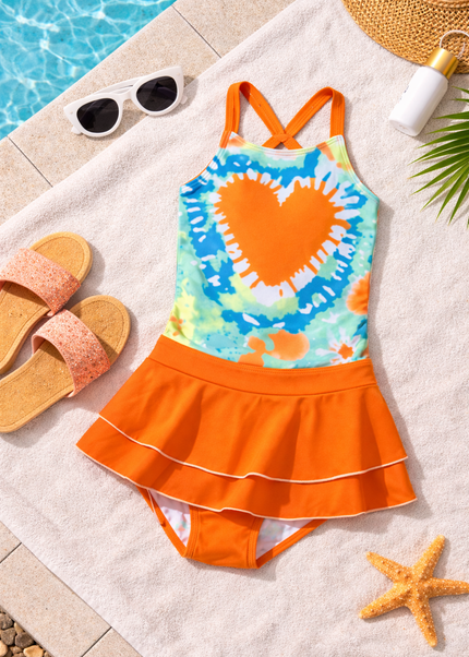 Girls Pink Tie-Dye Heart 2-Piece Swimming Costume with Skirt - Colorful Tankini Swimsuit Set