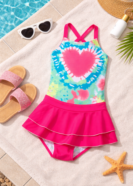 Girls Pink Tie-Dye Heart 2-Piece Swimming Costume with Skirt - Colorful Tankini Swimsuit Set