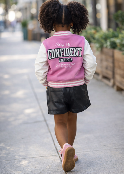 Girls Pink Bomber Jacket - Premium Varsity Style with Leather Sleeves