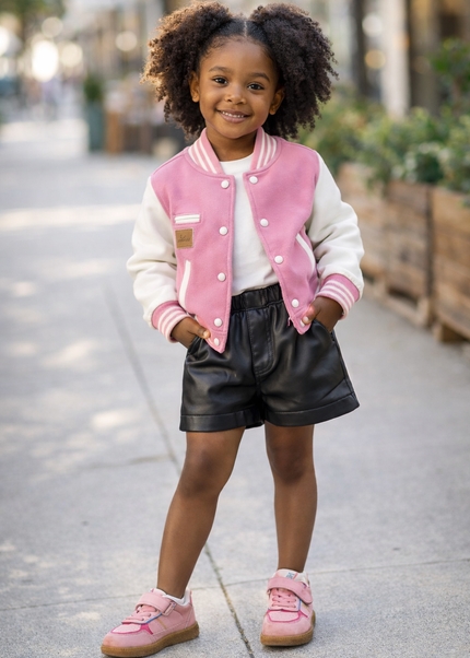 Girls Pink Bomber Jacket - Premium Varsity Style with Leather Sleeves