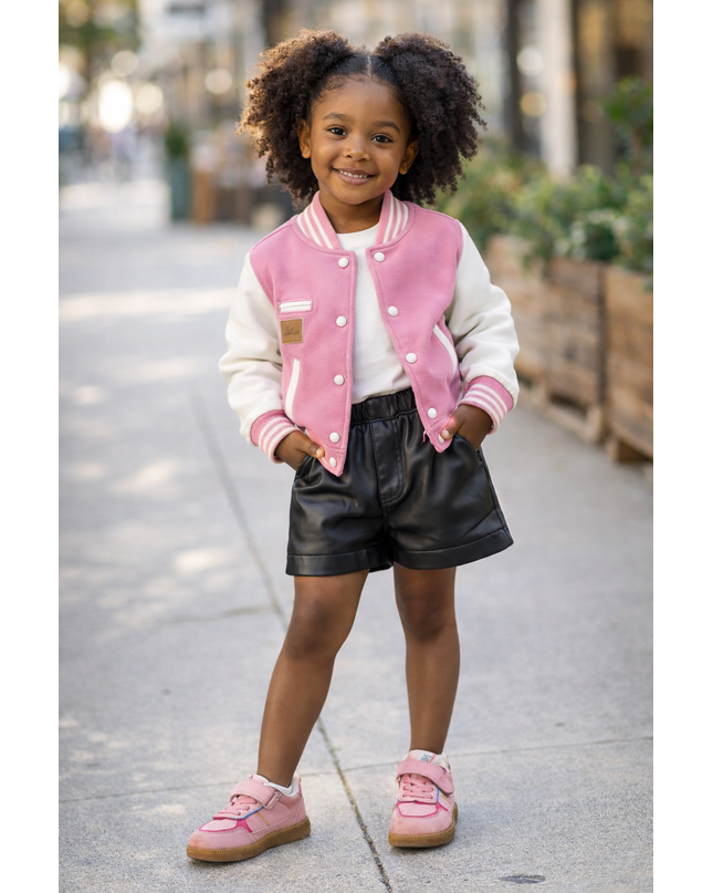 Girls Pink Bomber Jacket - Premium Varsity Style with Leather Sleeves