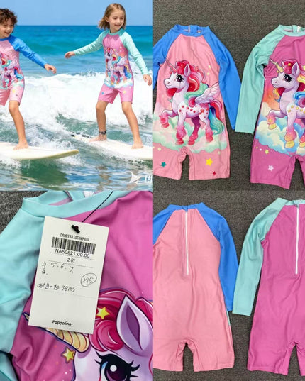 Girls Unicorn Swimming Costume - Pink & Turquoise Rashguard Swimsuit