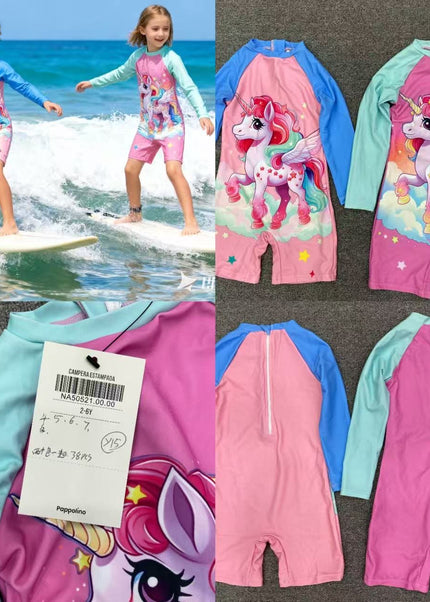 Girls Unicorn Swimming Costume - Pink & Turquoise Rashguard Swimsuit