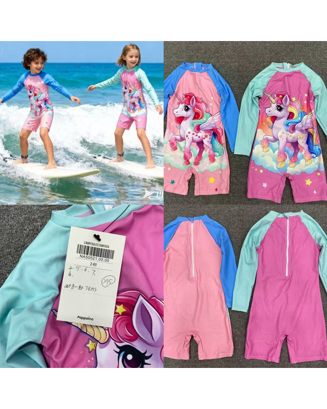 Girls Unicorn Swimming Costume - Pink & Turquoise Rashguard Swimsuit
