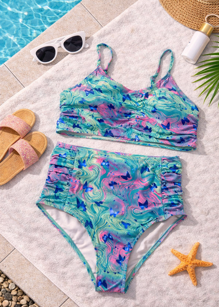 Girls' Tropical Floral Ruffle Swimming Costume - 2 piece