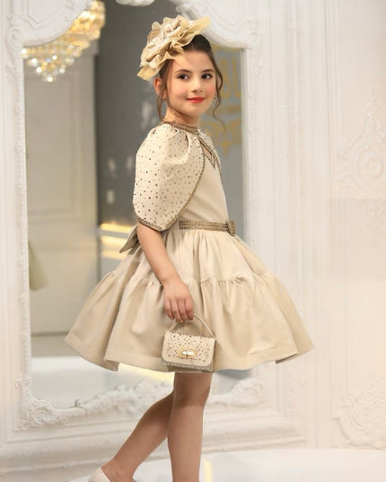 Luxury Cotton Princess Dress – Hand-Beaded Gown with Cape, Purse & Fascinator