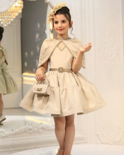 Luxury Cotton Princess Dress – Hand-Beaded Gown with Cape, Purse & Fascinator