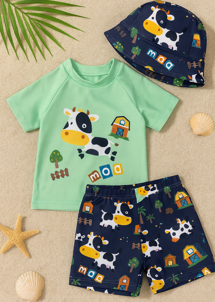Boys 3-Piece Cow Swim Set – Top, Shorts & Hat