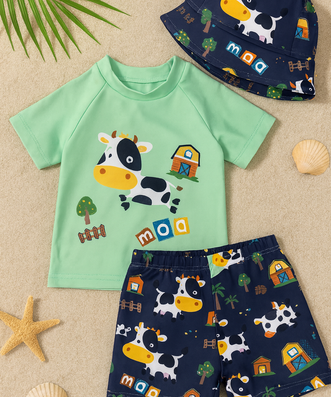 Boys 3-Piece Cow Swim Set – Top, Shorts & Hat