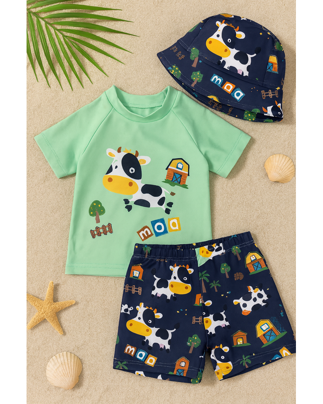 Boys 3-Piece Cow Swim Set – Top, Shorts & Hat