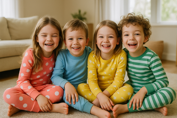 Happy kids wearing pajamas landscape photo
