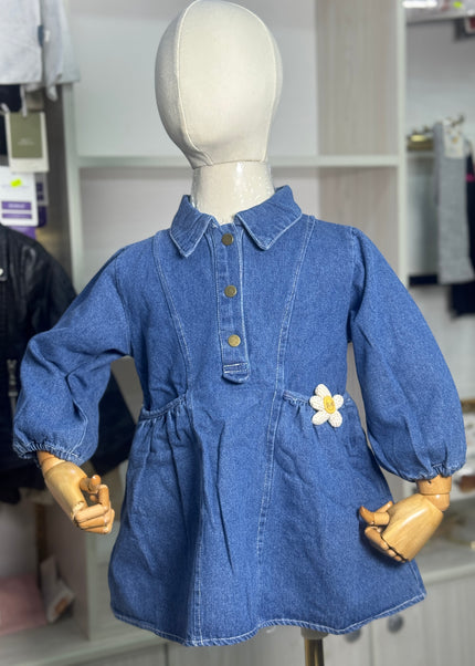 Girls Denim Dress with Balloon Sleeves & Flower Detail
