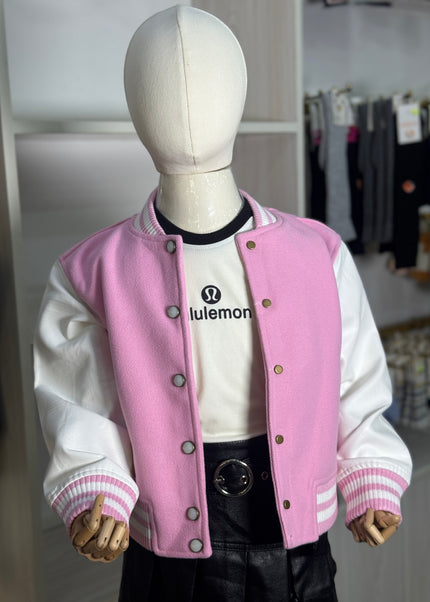 Girls Pink Bomber Jacket - Premium Varsity Style with Leather Sleeves