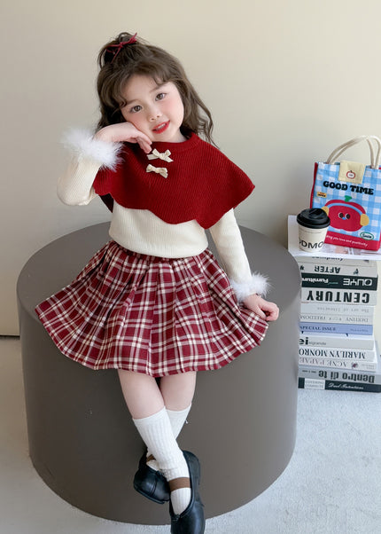 Girls 3-Piece Outfit Set - Poncho, Long Sleeve Top & Plaid Skirt
