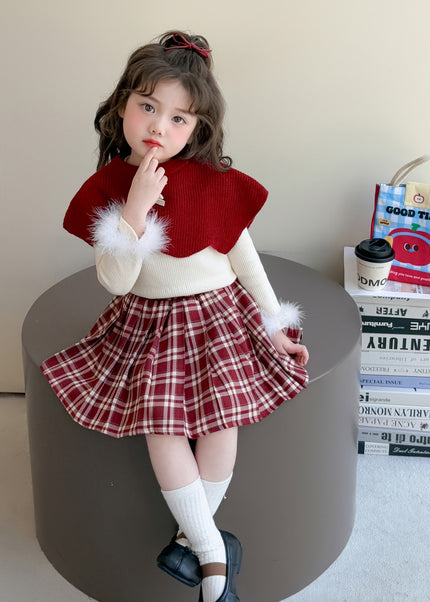 Girls 3-Piece Outfit Set - Poncho, Long Sleeve Top & Plaid Skirt