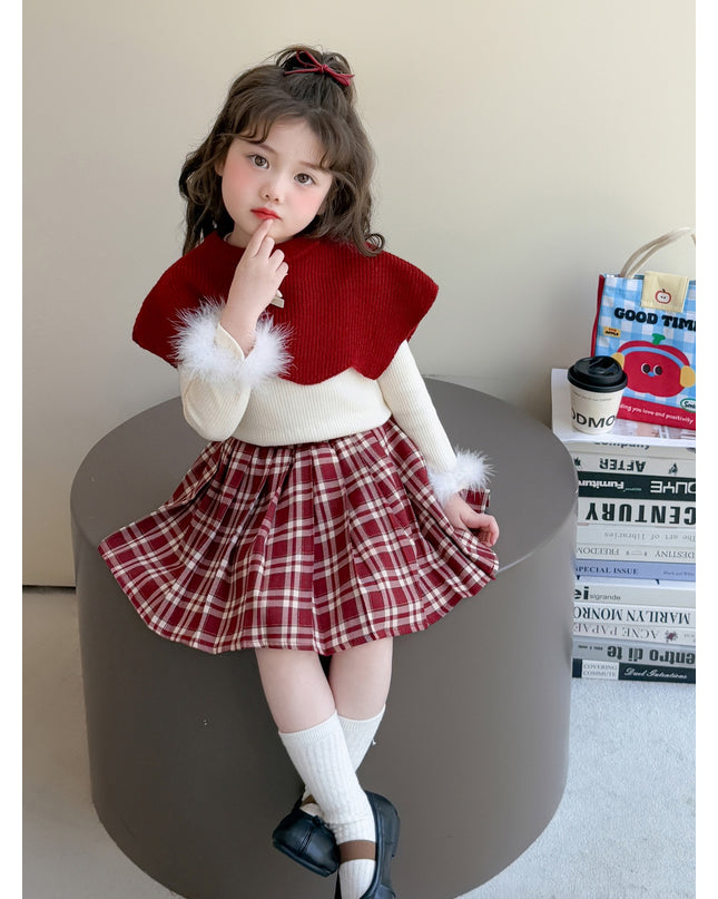 Girls 3-Piece Outfit Set - Poncho, Long Sleeve Top & Plaid Skirt