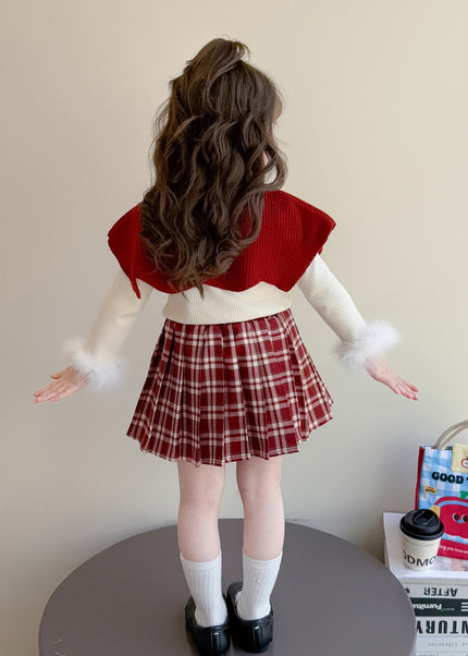 Girls 3-Piece Outfit Set - Poncho, Long Sleeve Top & Plaid Skirt