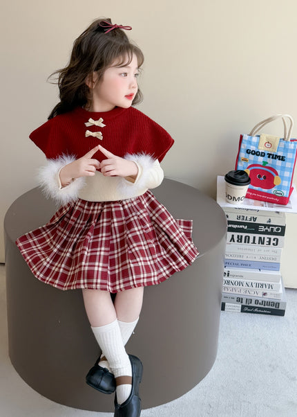 Girls 3-Piece Outfit Set - Poncho, Long Sleeve Top & Plaid Skirt