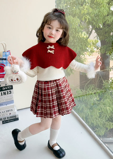 Girls 3-Piece Outfit Set - Poncho, Long Sleeve Top & Plaid Skirt