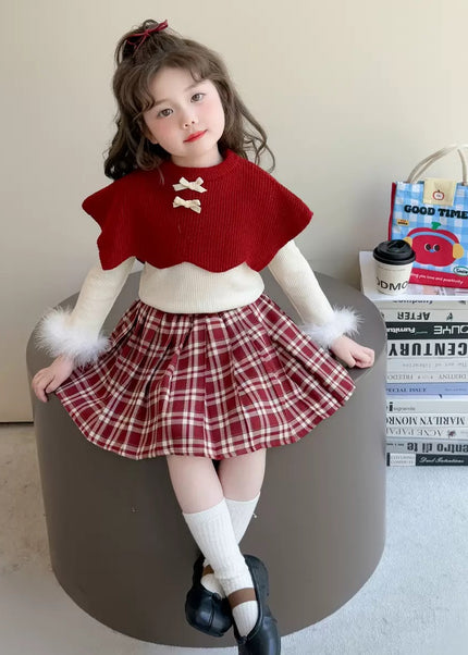 Girls 3-Piece Outfit Set - Poncho, Long Sleeve Top & Plaid Skirt