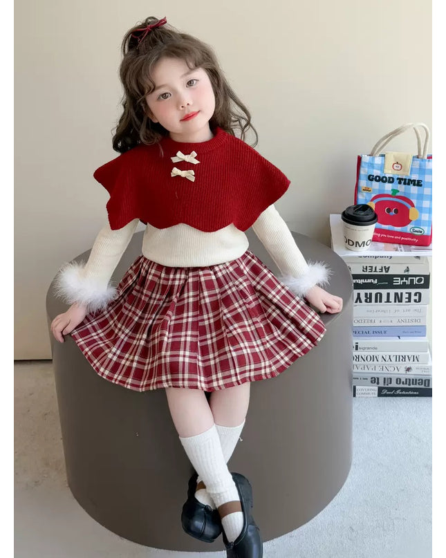 Girls 3-Piece Outfit Set - Poncho, Long Sleeve Top & Plaid Skirt