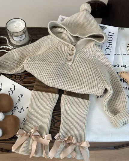 Kids Ribbed Knit 3-Piece Set - Hooded Sweater, Pants & Leg Warmers