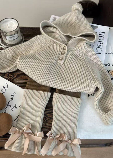 Kids Ribbed Knit 3-Piece Set - Hooded Sweater, Pants & Leg Warmers