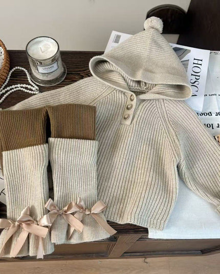 Kids Ribbed Knit 3-Piece Set - Hooded Sweater, Pants & Leg Warmers