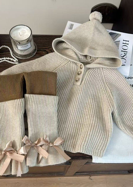 Kids Ribbed Knit 3-Piece Set - Hooded Sweater, Pants & Leg Warmers