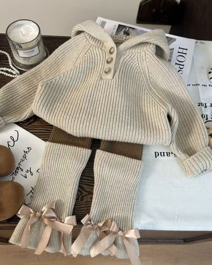 Kids Ribbed Knit 3-Piece Set - Hooded Sweater, Pants & Leg Warmers