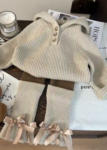 Kids Ribbed Knit 3-Piece Set - Hooded Sweater, Pants & Leg Warmers