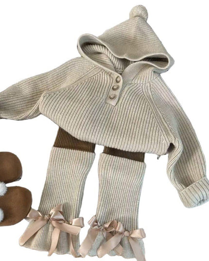 Kids Ribbed Knit 3-Piece Set - Hooded Sweater, Pants & Leg Warmers