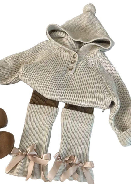 Kids Ribbed Knit 3-Piece Set - Hooded Sweater, Pants & Leg Warmers