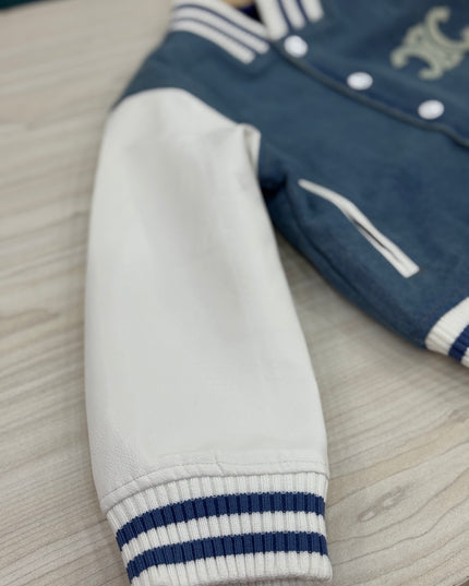 Kids Navy Blue Varsity Bomber Jacket - Premium Denim with Leather Sleeves