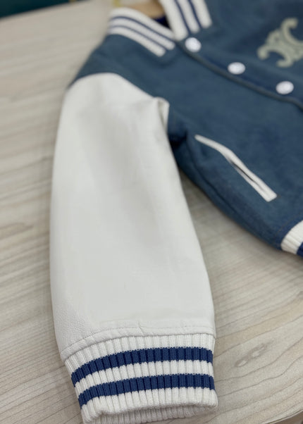 Kids Navy Blue Varsity Bomber Jacket - Premium Denim with Leather Sleeves