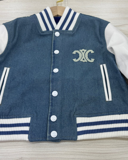 Kids Navy Blue Varsity Bomber Jacket - Premium Denim with Leather Sleeves