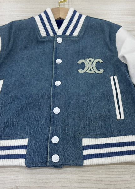 Kids Navy Blue Varsity Bomber Jacket - Premium Denim with Leather Sleeves