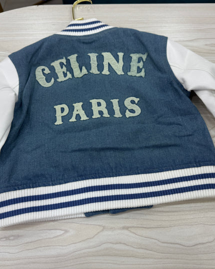 Kids Navy Blue Varsity Bomber Jacket - Premium Denim with Leather Sleeves