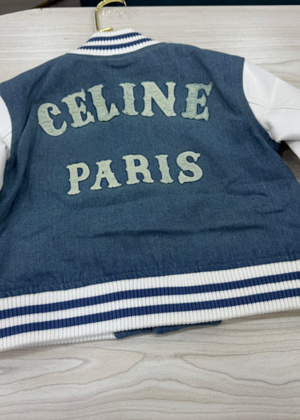 Kids Navy Blue Varsity Bomber Jacket - Premium Denim with Leather Sleeves