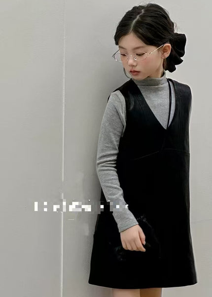 Girls Soft Leather Dress Set with Grey Top & Bag